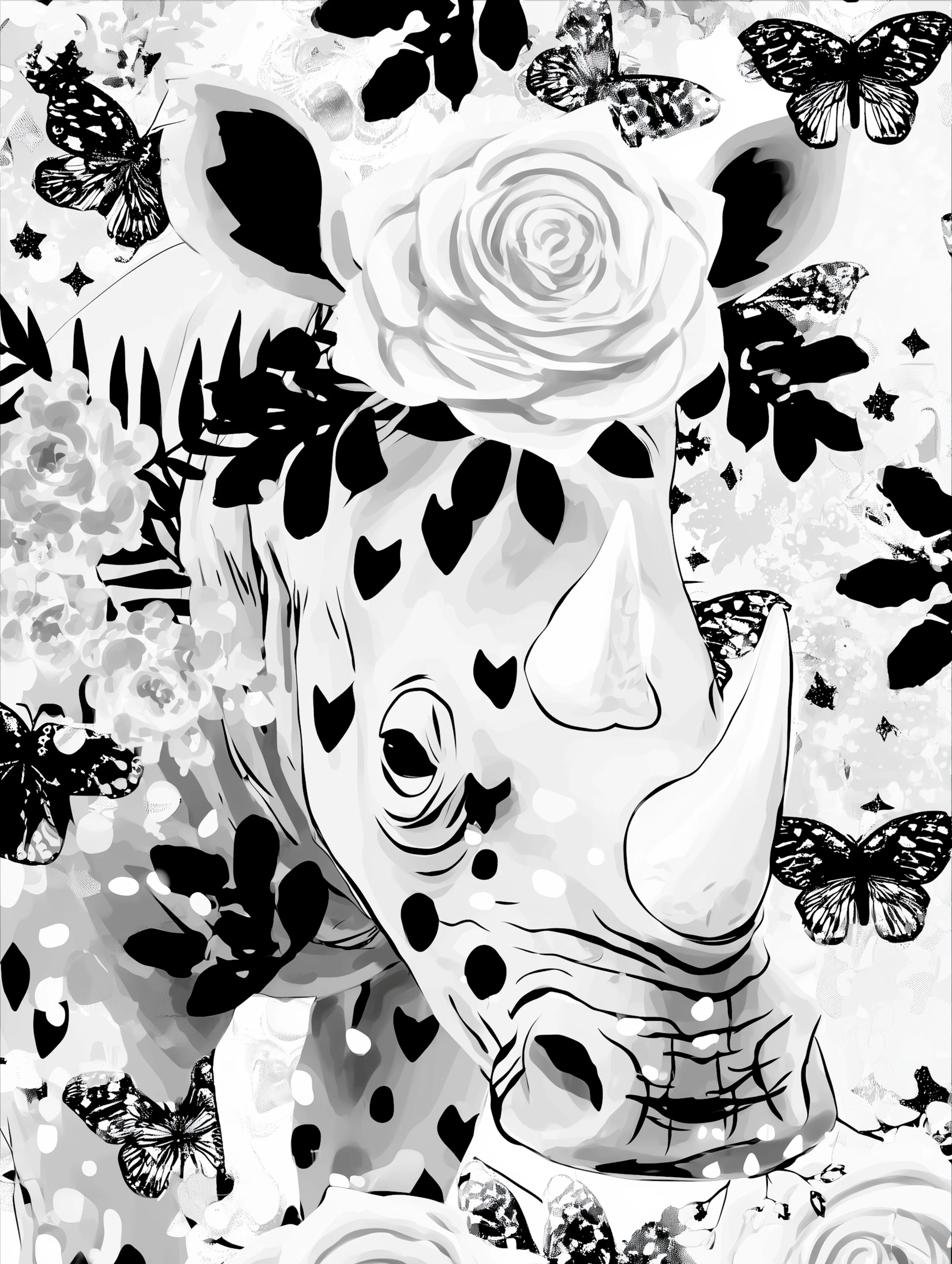 Free printable rhino coloring pages for adults featuring light rhino with rose head